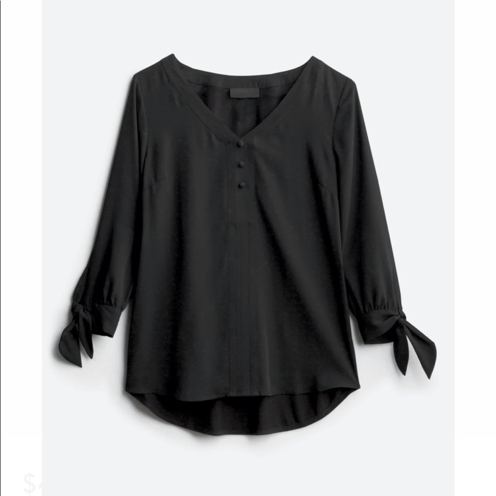 Women's Black V-Neck Tie-Cuff Blouse